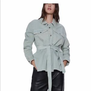 Zara Light Green Denim Belted Jacket